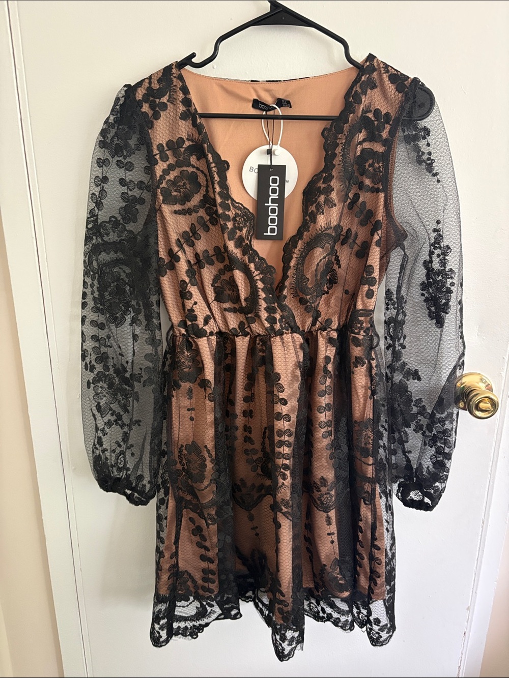 boohoo Black Lace Overlay Tan Mini Dress with Sheer Sleeves